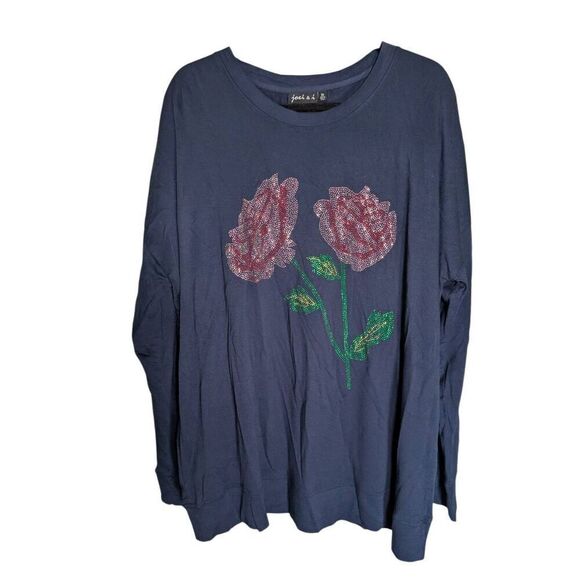 NWT Joei & i ROSE RHINESTONE LONG SLEEVE T-SHIRT Navy Blue Cotton Size 2X - Picture 1 of 6